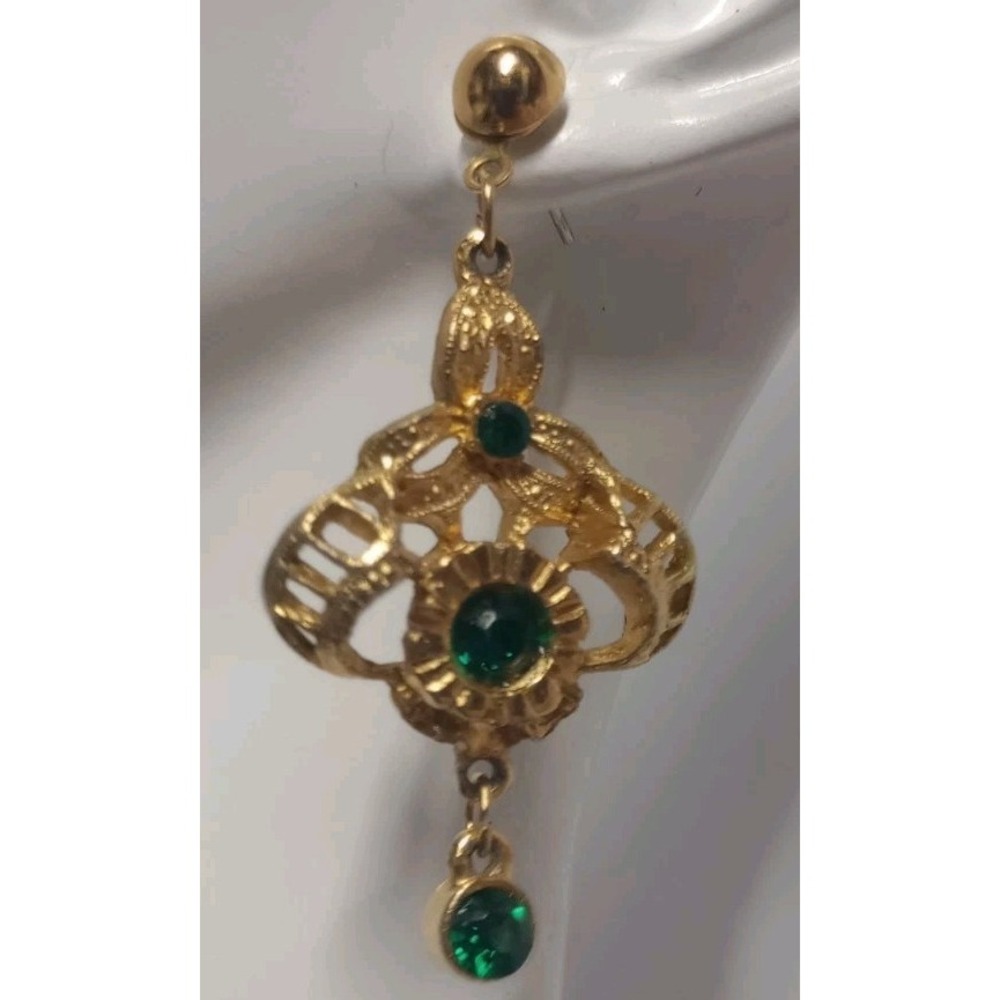 Goldtone Green Rhinestone‎ Dangle Pierced Earrings